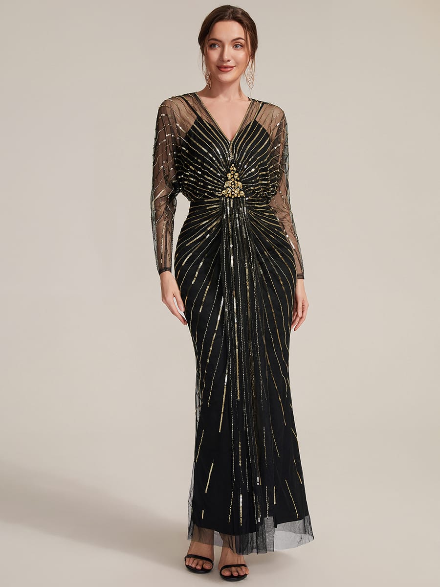 Tulle Batwing Sleeve Sheath Dress #color_Black & Gold