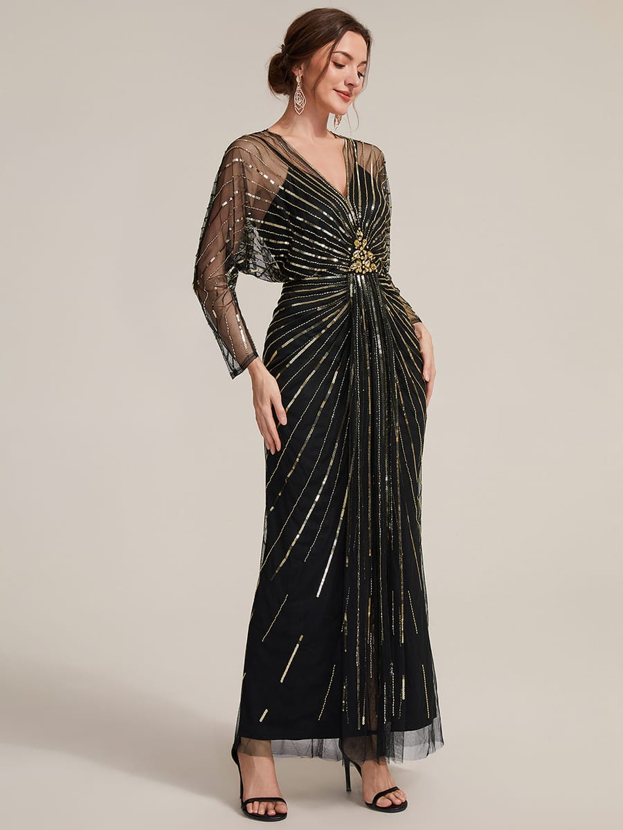 Tulle Batwing Sleeve Sheath Dress #color_Black & Gold