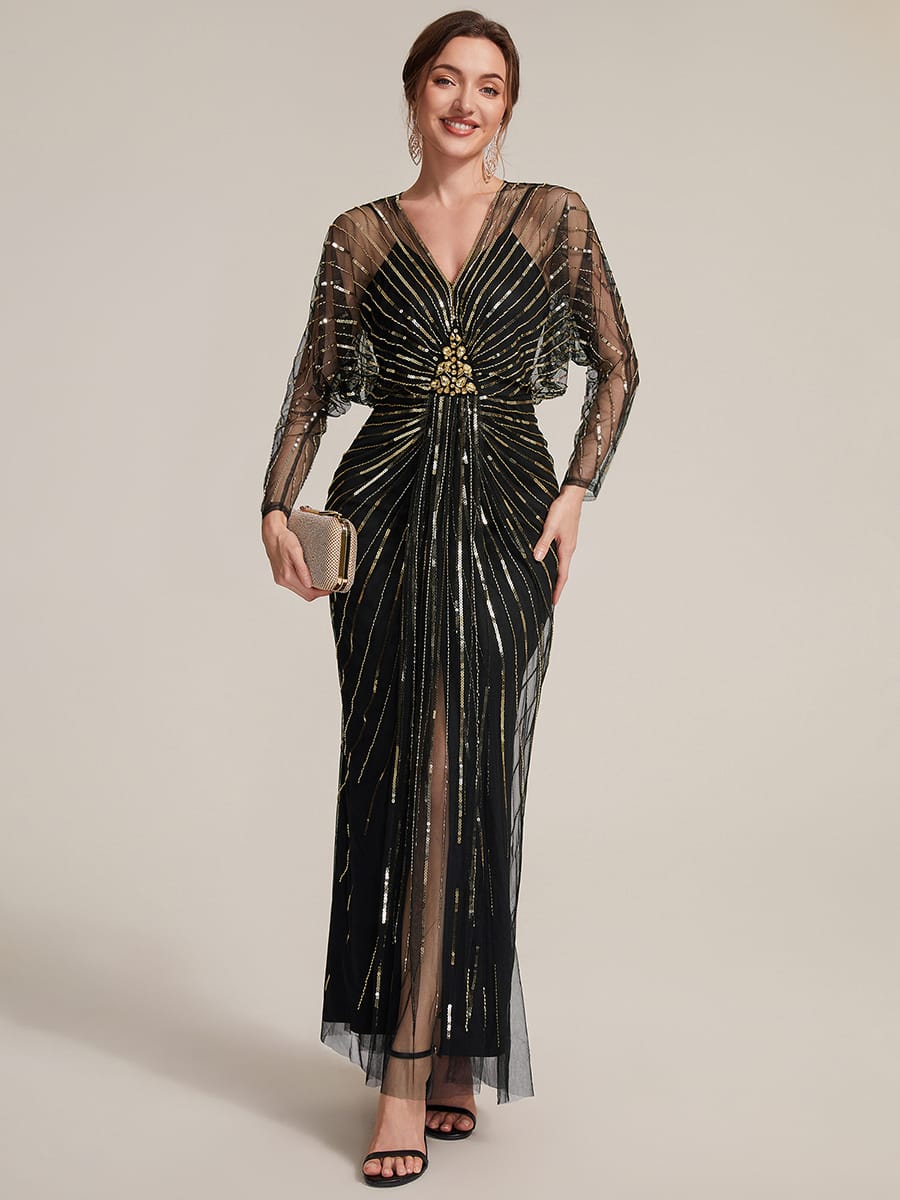 Tulle Batwing Sleeve Sheath Dress #color_Black & Gold