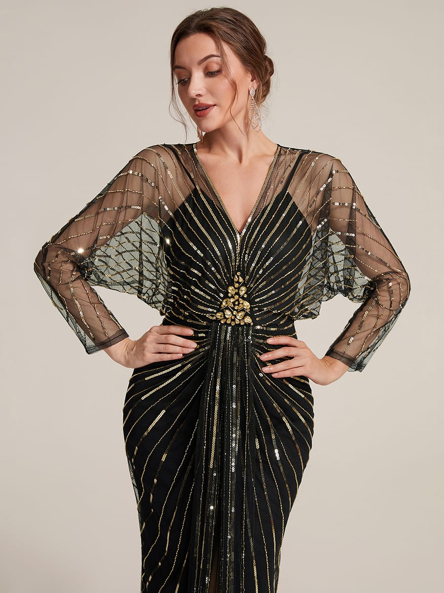 Tulle Batwing Sleeve Sheath Dress #color_Black & Gold