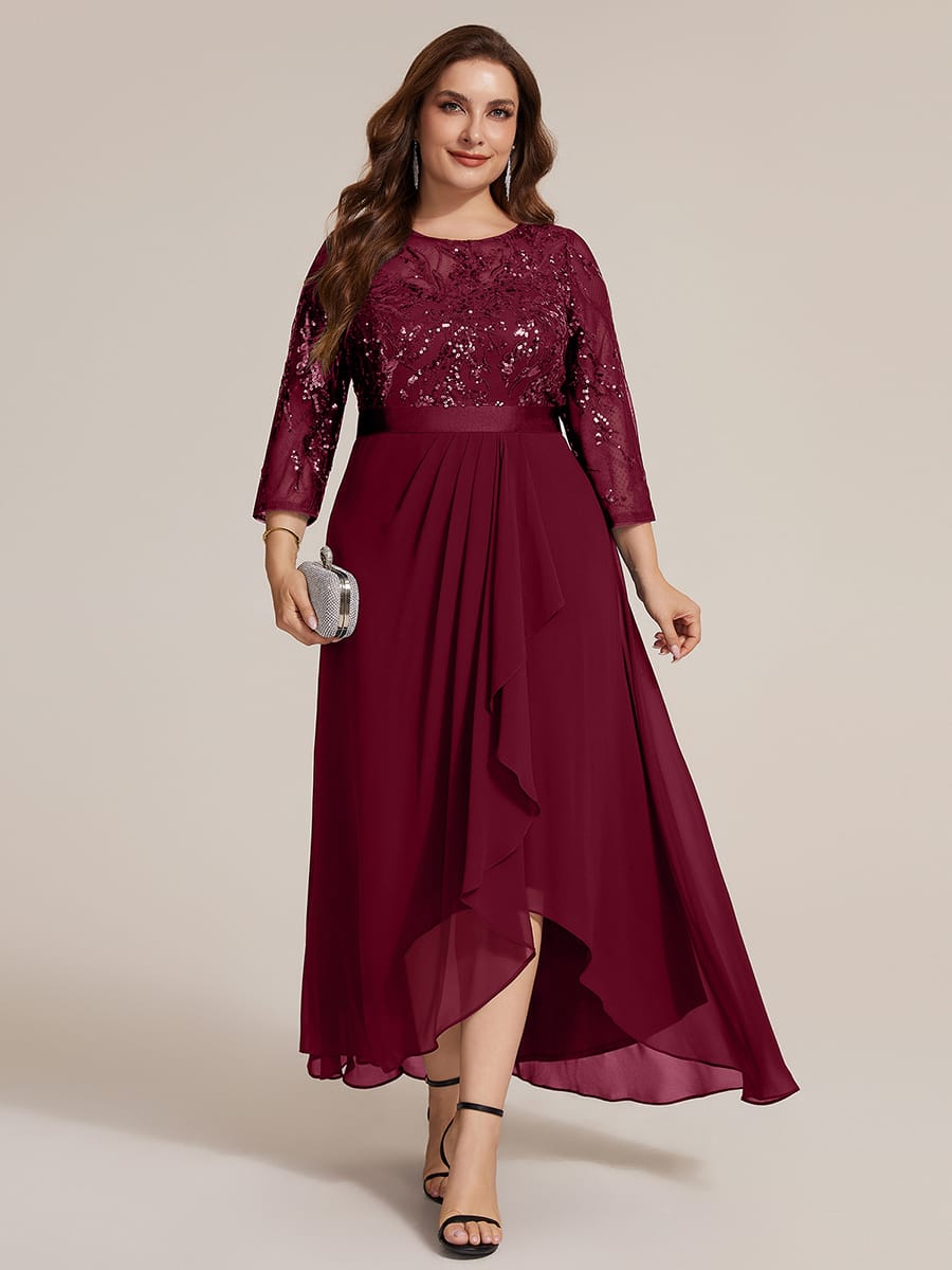 Sequin Fitted Sleeve Asymmetrical Silhouette Dress #color_Burgundy