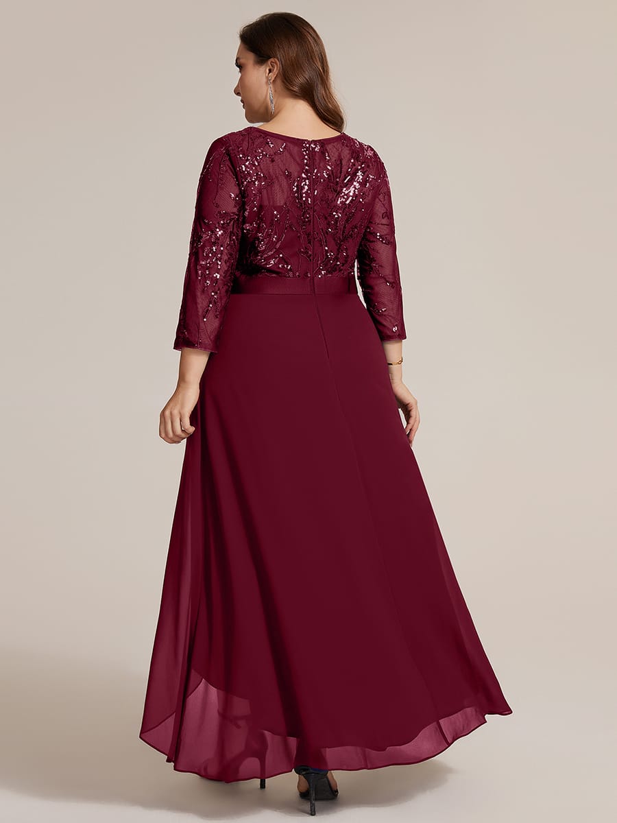 Sequin Fitted Sleeve Asymmetrical Silhouette Dress #color_Burgundy
