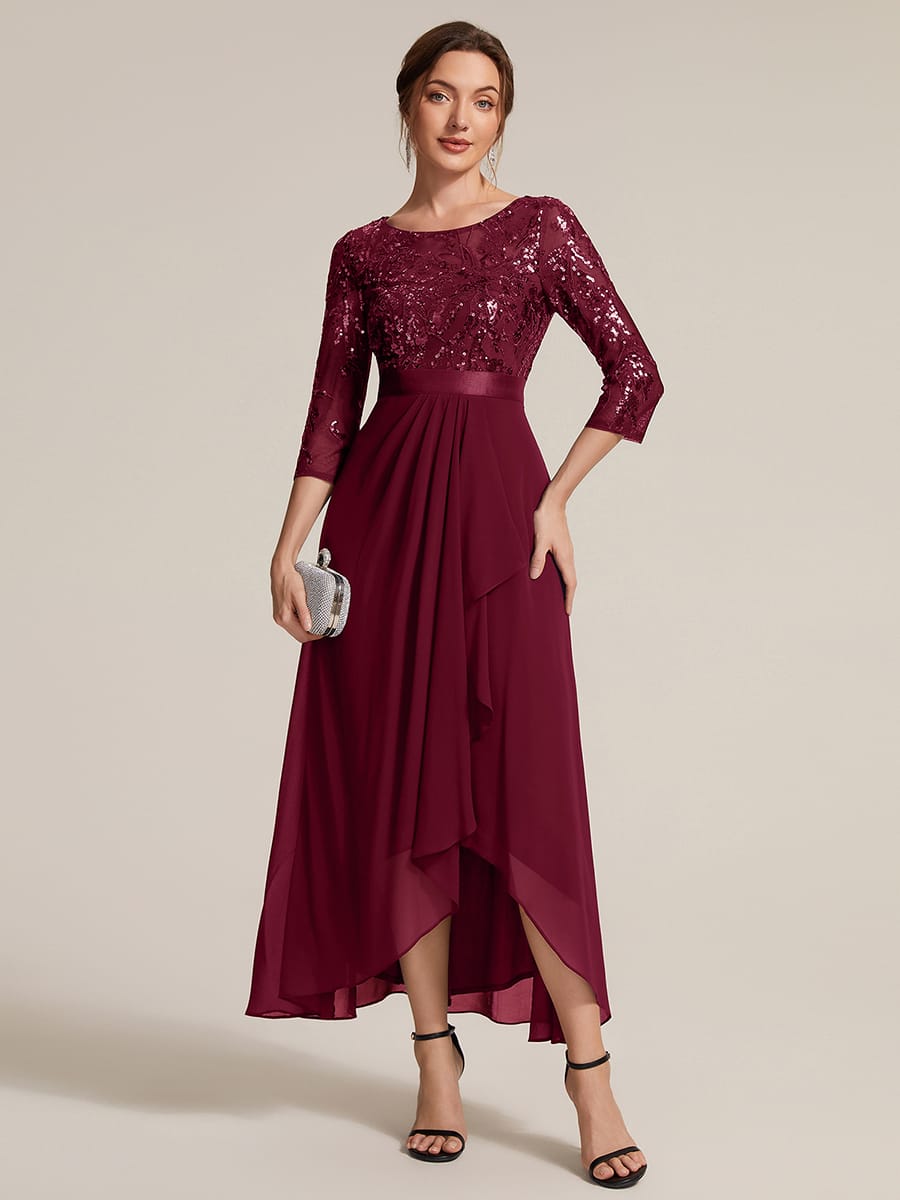Sequin Fitted Sleeve Asymmetrical Silhouette Dress #color_Burgundy