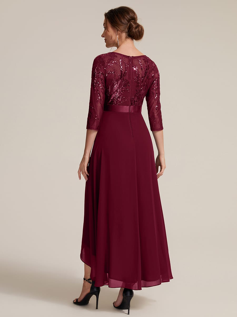 Sequin Fitted Sleeve Asymmetrical Silhouette Dress #color_Burgundy