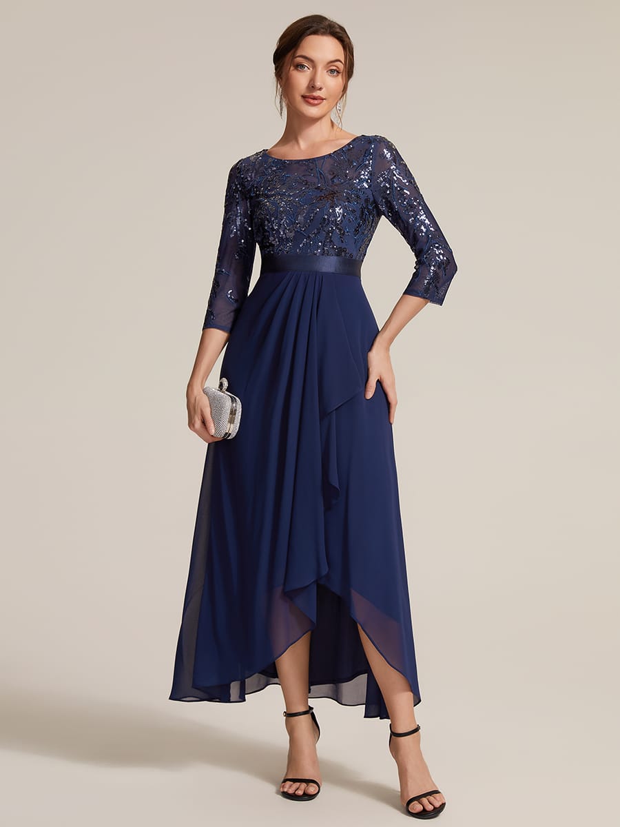 Sequin Fitted Sleeve Asymmetrical Silhouette Dress #color_Navy Blue