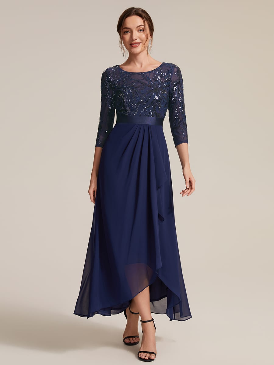 Sequin Fitted Sleeve Asymmetrical Silhouette Dress #color_Navy Blue