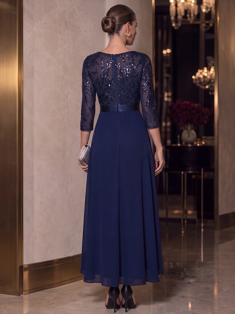 Sequin Fitted Sleeve Asymmetrical Silhouette Dress #color_Navy Blue