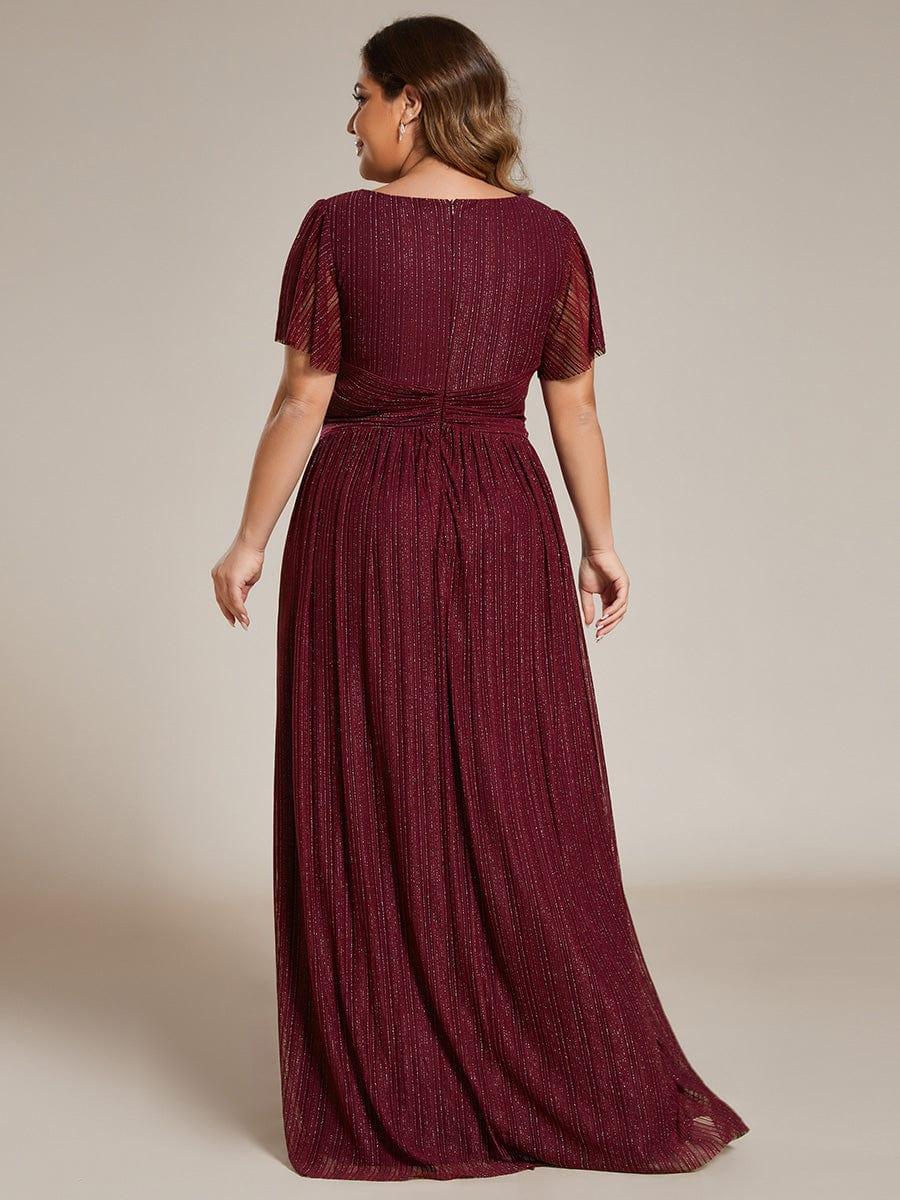 Sparkle Short Sleeves Formal Evening Dress with V-Neck #color_Burgundy