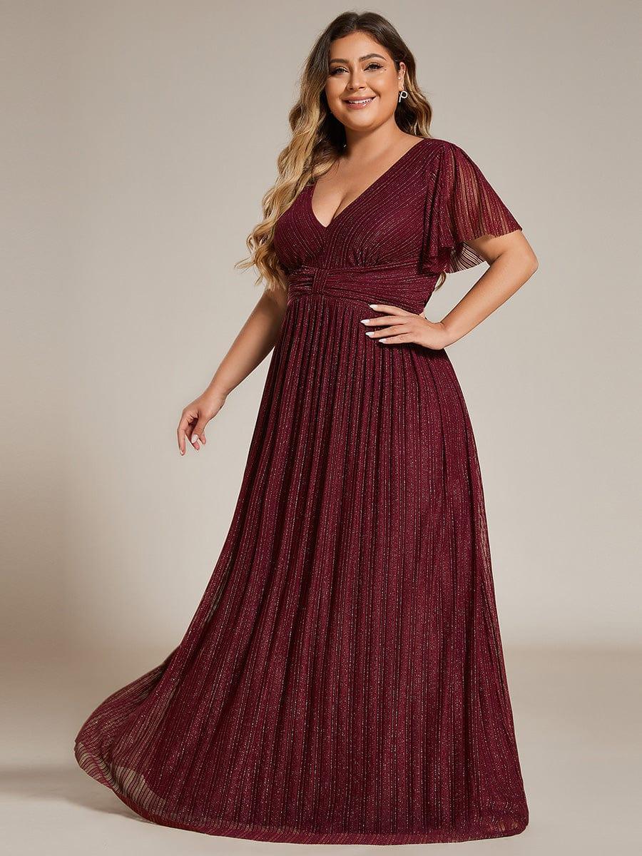 Sparkle Short Sleeves Formal Evening Dress with V-Neck #color_Burgundy