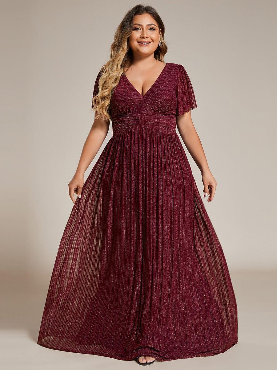Plus Size Sparkle Short Sleeves Formal Evening Dress with V-Neck #color_Burgundy