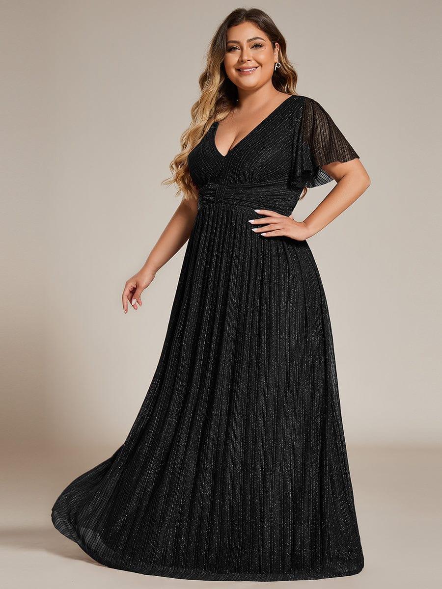 Short Sleeves Shimmery V-Neck Plus Size Evening Dress with Pleating