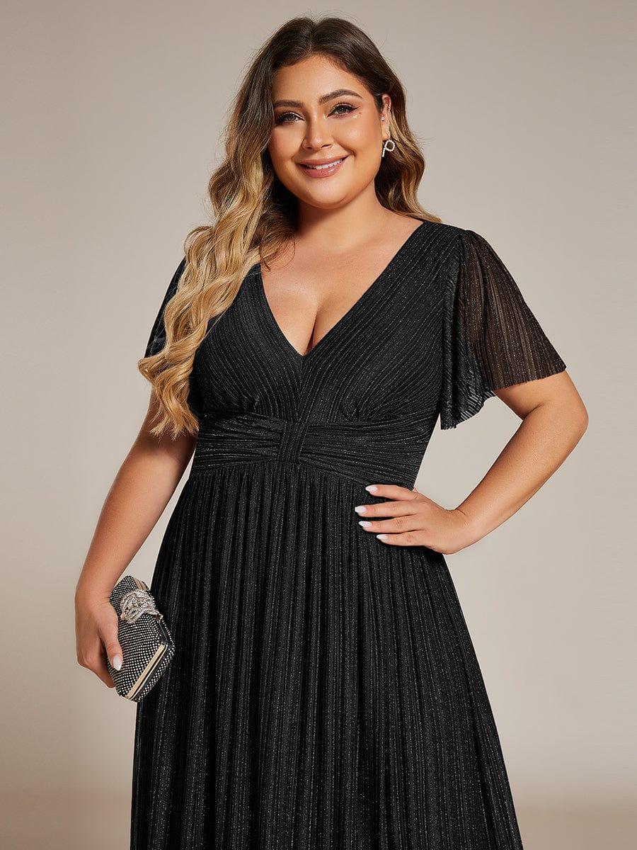 Sparkle Short Sleeves Formal Evening Dress with V-Neck #color_Black