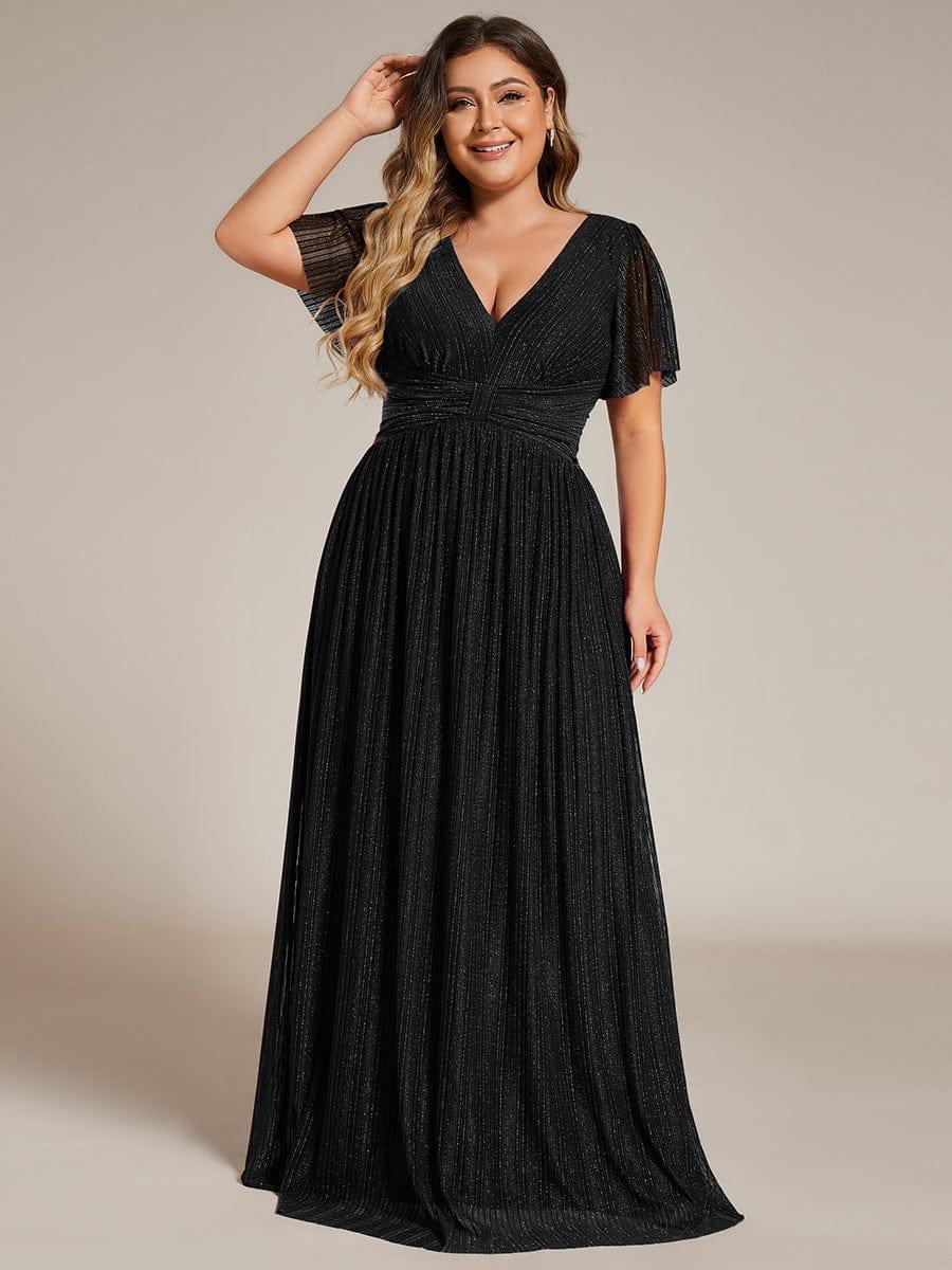 Sparkle Short Sleeves Formal Evening Dress with V-Neck #color_Black