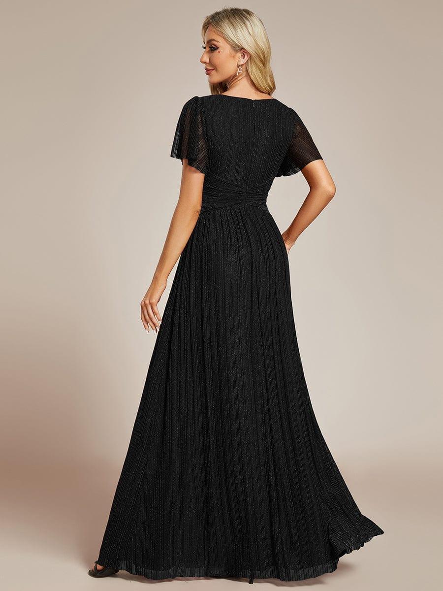 Sparkle Short Sleeves Formal Evening Dress with V-Neck #color_Black