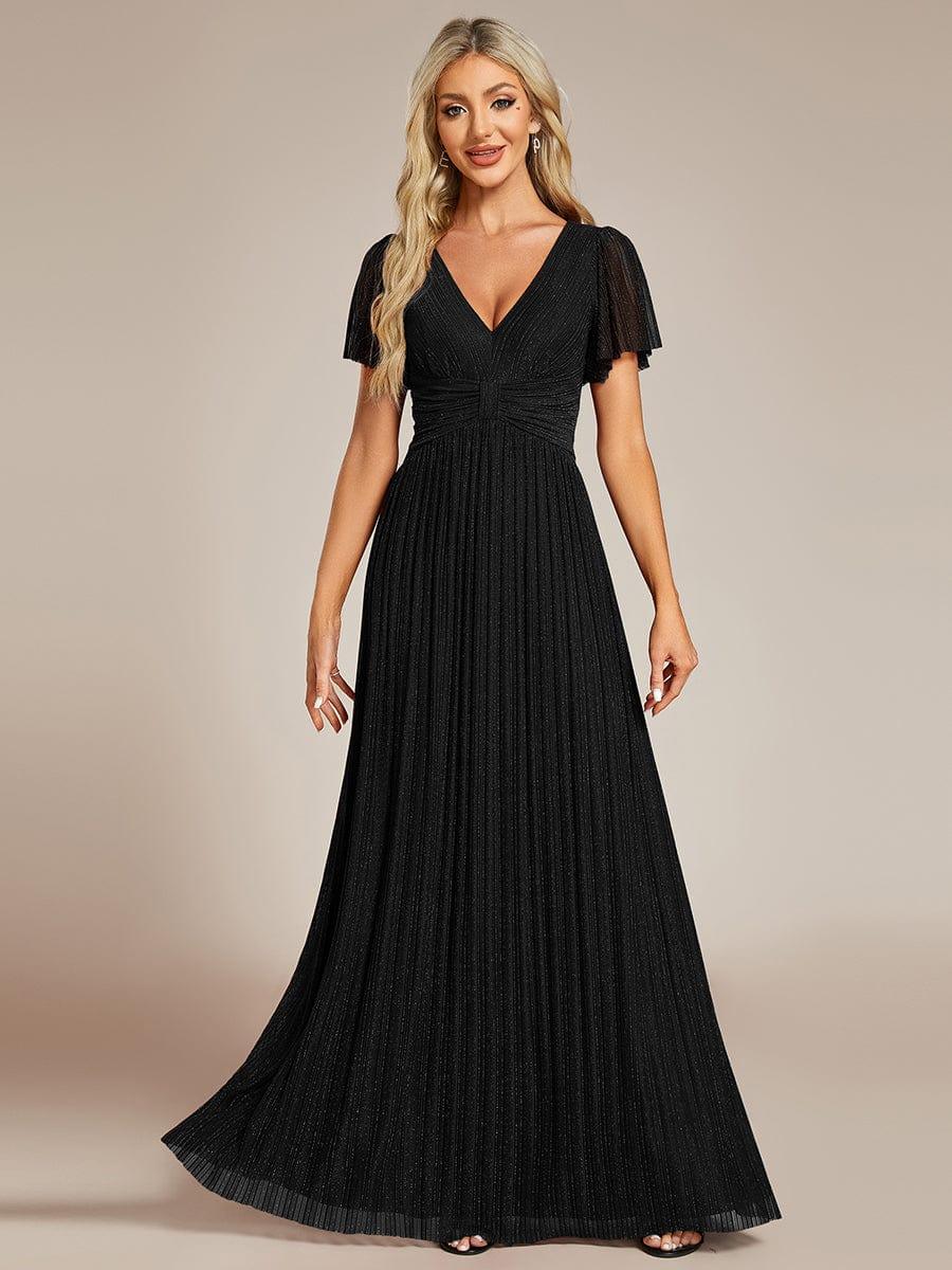 Sparkle Short Sleeves Formal Evening Dress with V-Neck #color_Black