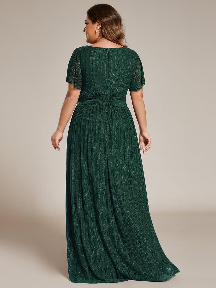 Plus Size Sparkle Short Sleeves Formal Evening Dress with V-Neck #color_Dark Green