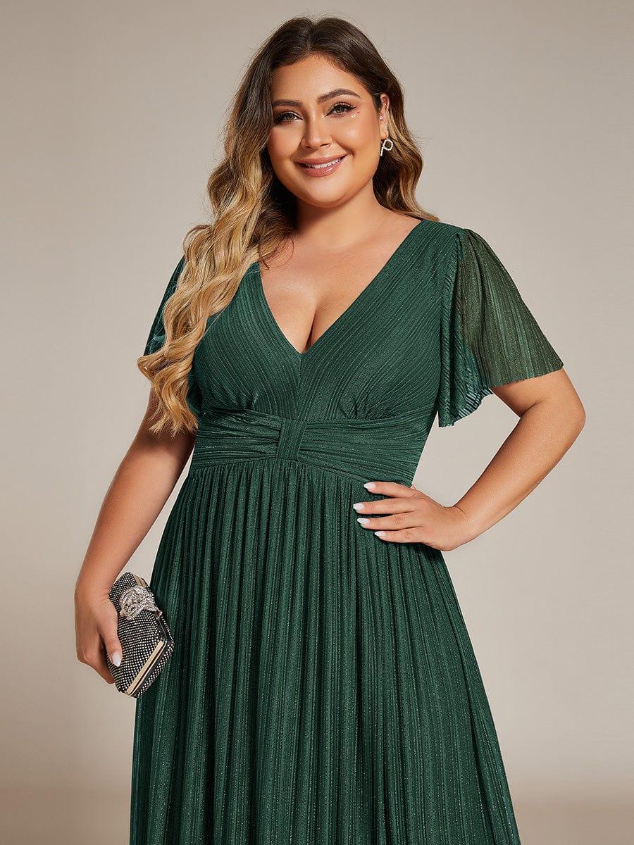 Sparkle Short Sleeves Formal Evening Dress with V-Neck #color_Dark Green