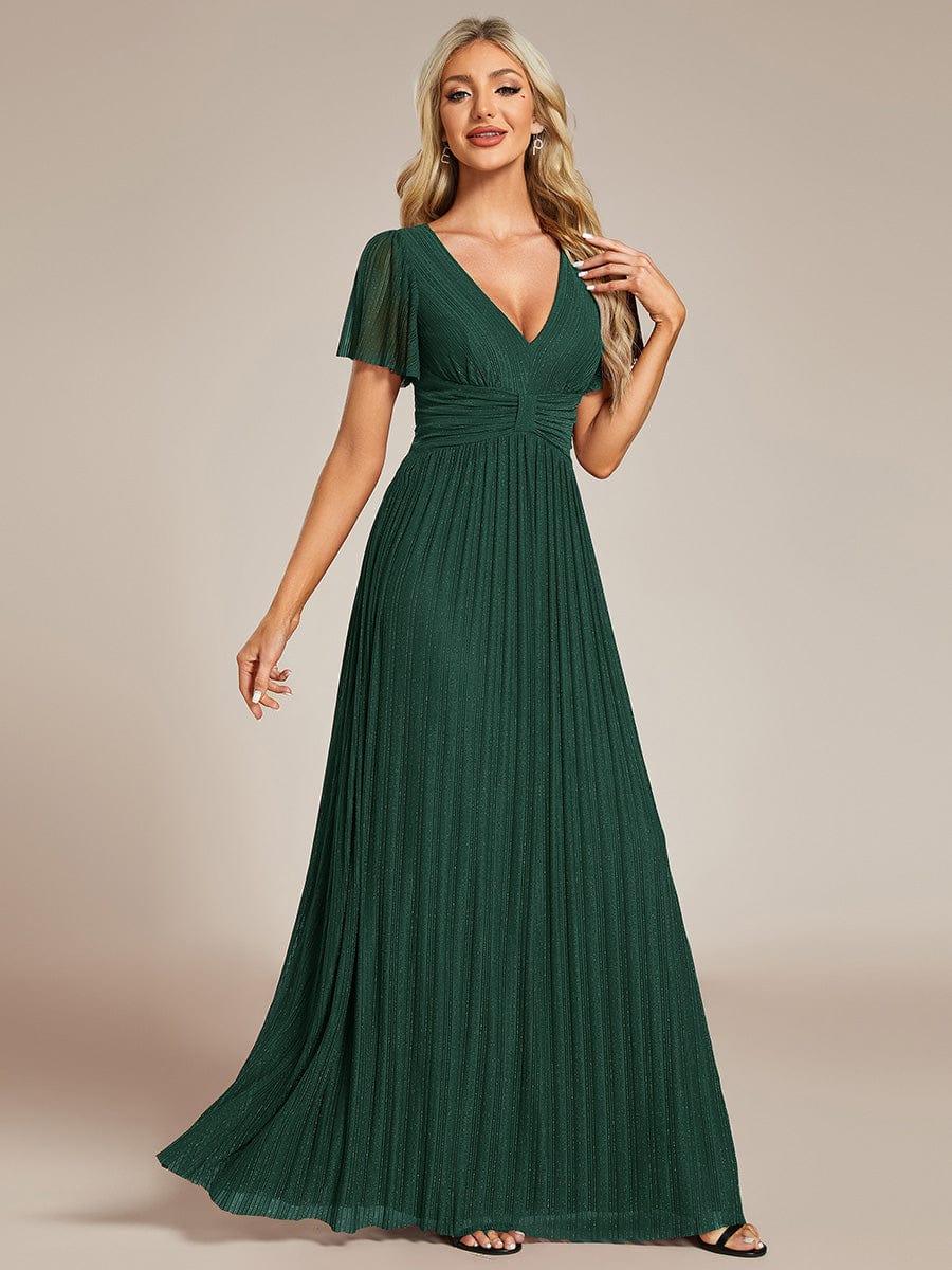 Sparkle Short Sleeves Formal Evening Dress with V-Neck #color_Dark Green