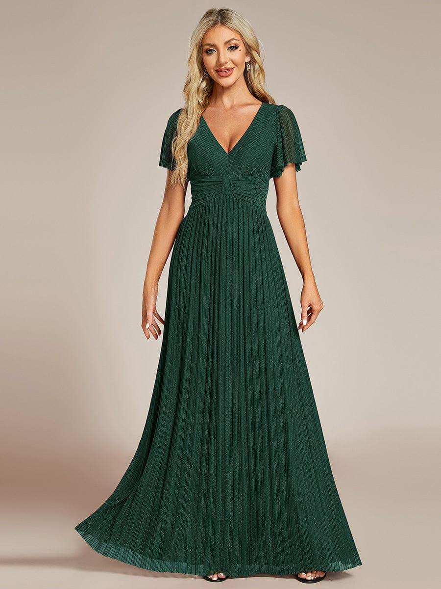 Sparkle Short Sleeves Formal Evening Dress with V-Neck #color_Dark Green