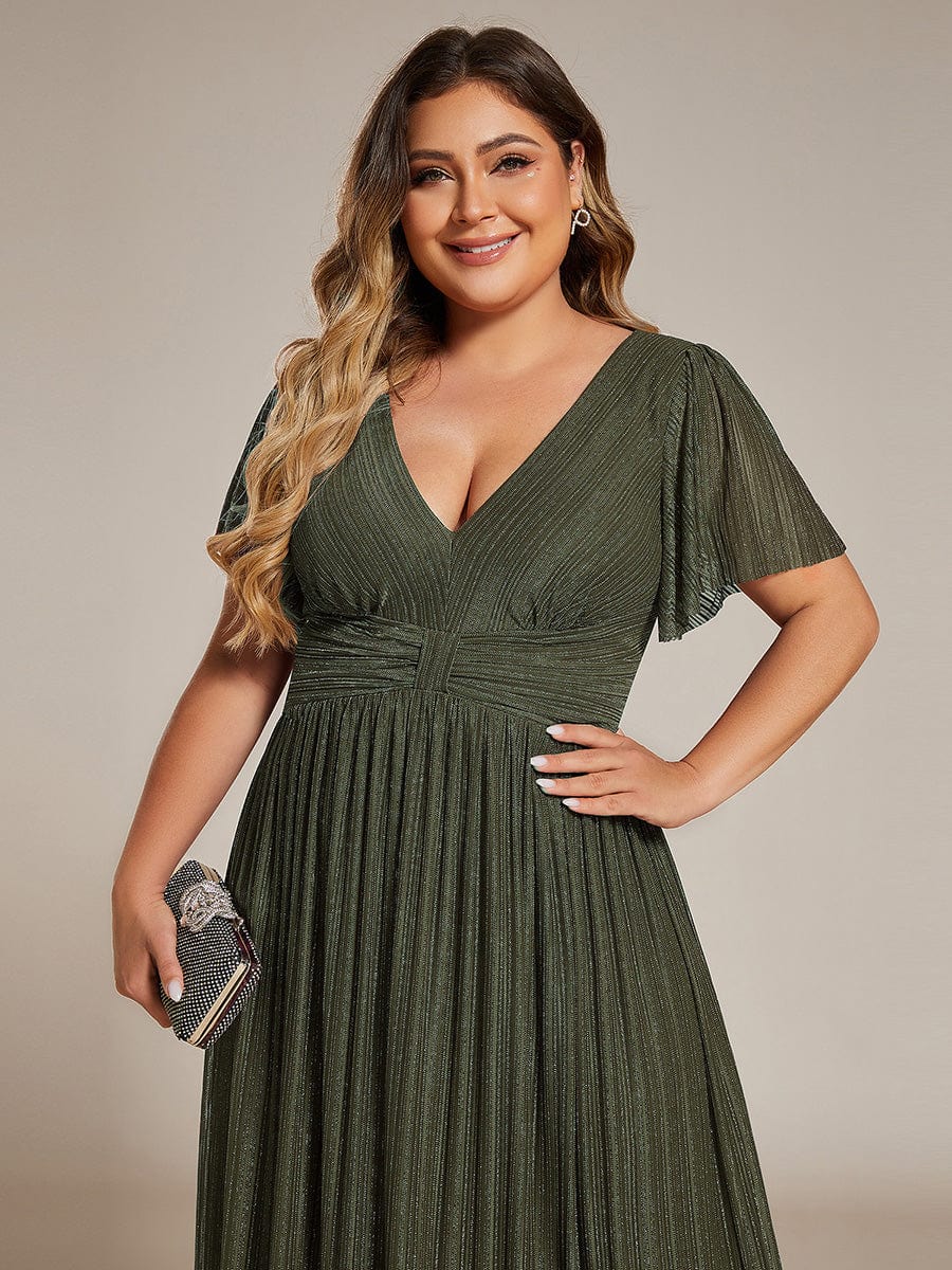 Sparkle Short Sleeves Formal Evening Dress with V-Neck #color_Olive Green