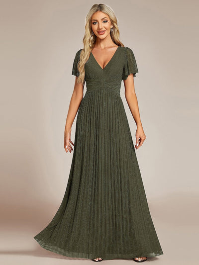Sparkle Short Sleeves Formal Evening Dress with V-Neck #color_Olive Green