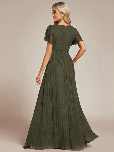Sparkle Short Sleeves Formal Evening Dress with V-Neck #color_Olive Green