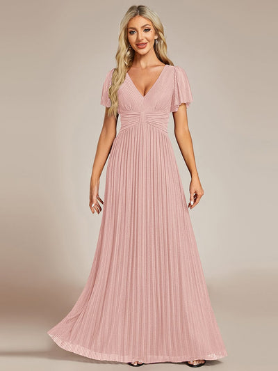 Sparkle Short Sleeves Formal Evening Dress with V-Neck #color_Pink