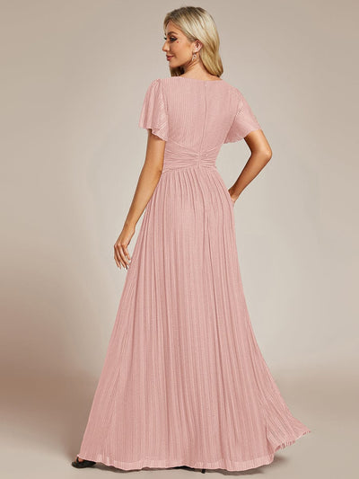 Sparkle Short Sleeves Formal Evening Dress with V-Neck #color_Pink