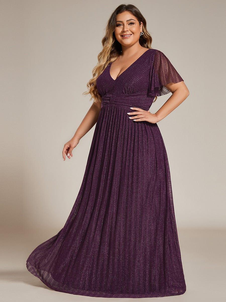 Plus Size Sparkle Short Sleeves Formal Evening Dress with V-Neck #color_Purple Wisteria