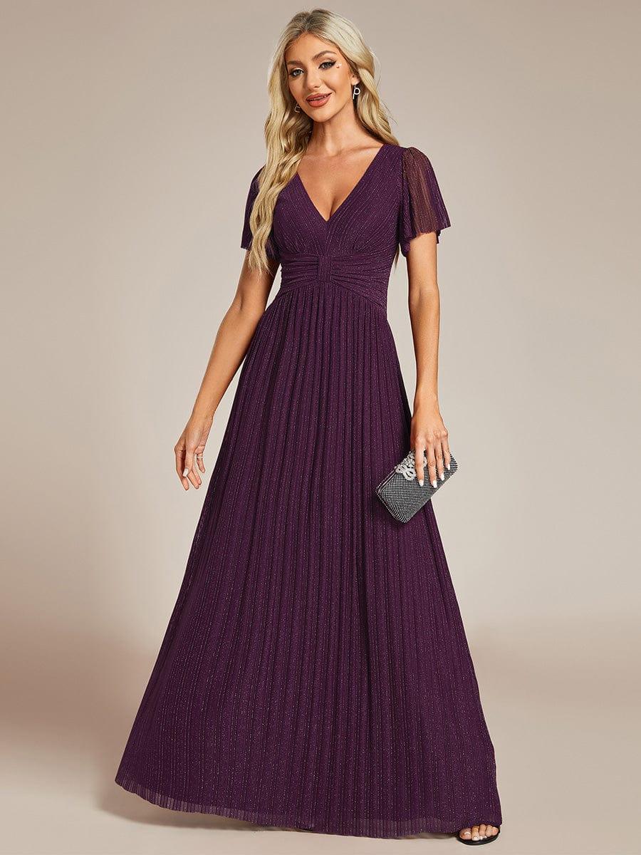 Sparkle Short Sleeves Formal Evening Dress with V-Neck #color_Purple Wisteria
