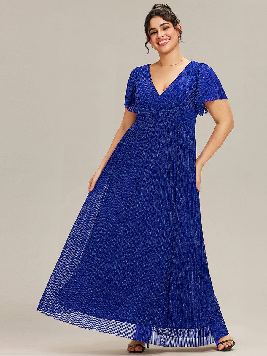 Sparkle Short Sleeves Formal Evening Dress with V-Neck #color_Sapphire Blue