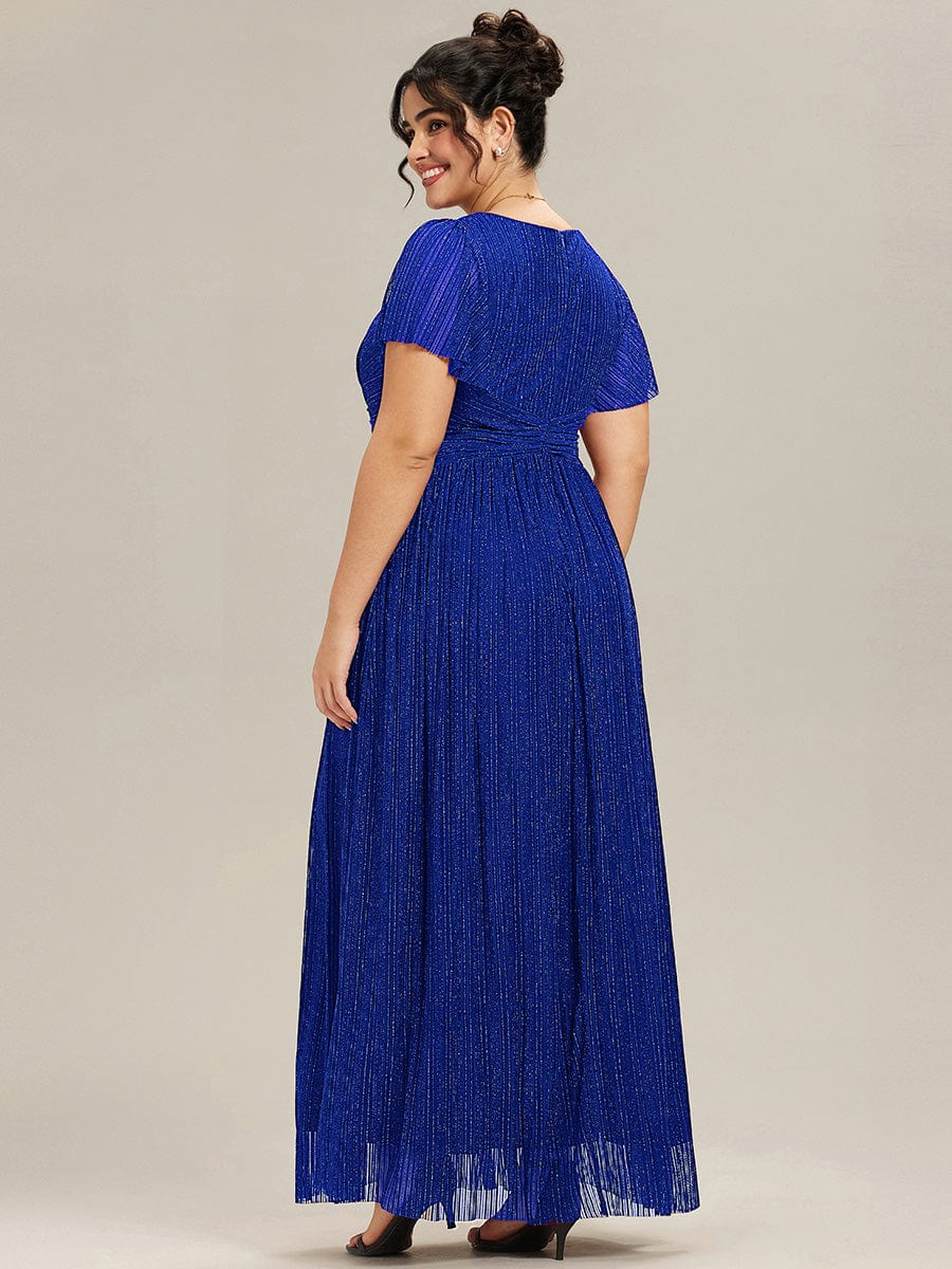 Sparkle Short Sleeves Formal Evening Dress with V-Neck #color_Sapphire Blue