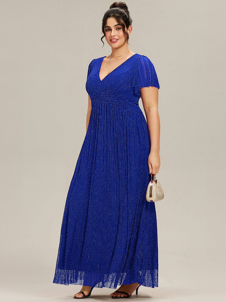 Sparkle Short Sleeves Formal Evening Dress with V-Neck #color_Sapphire Blue