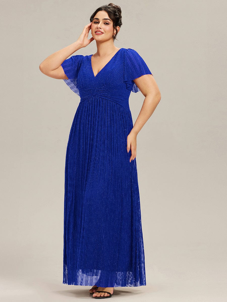 Sparkle Short Sleeves Formal Evening Dress with V-Neck #color_Sapphire Blue