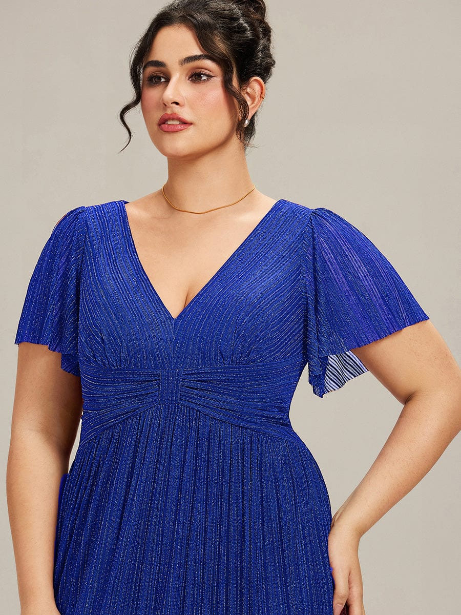 Sparkle Short Sleeves Formal Evening Dress with V-Neck #color_Sapphire Blue