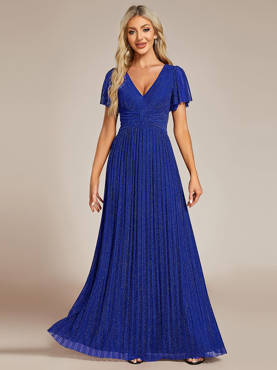 Sparkle Short Sleeves Formal Evening Dress with V-Neck #color_Sapphire Blue