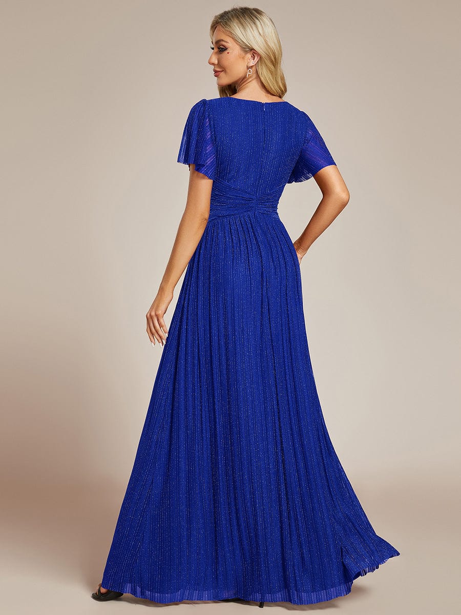 Sparkle Short Sleeves Formal Evening Dress with V-Neck #color_Sapphire Blue