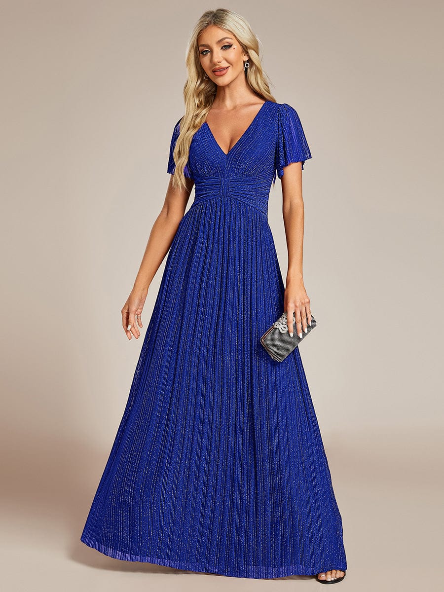Sparkle Short Sleeves Formal Evening Dress with V-Neck #color_Sapphire Blue