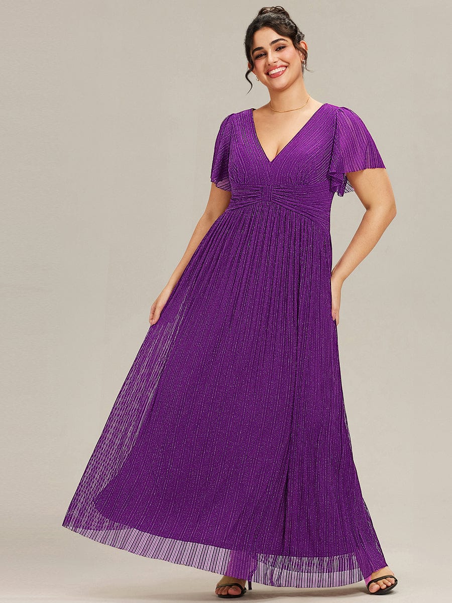 Sparkle Short Sleeves Formal Evening Dress with V-Neck #color_Sparkling Grape