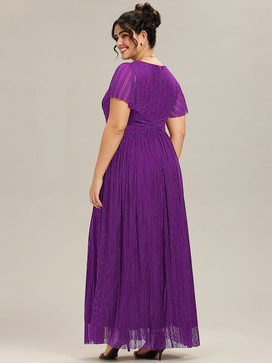 Sparkle Short Sleeves Formal Evening Dress with V-Neck #color_Sparkling Grape