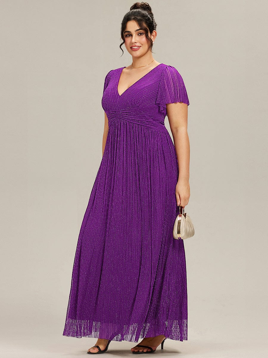 Sparkle Short Sleeves Formal Evening Dress with V-Neck #color_Sparkling Grape