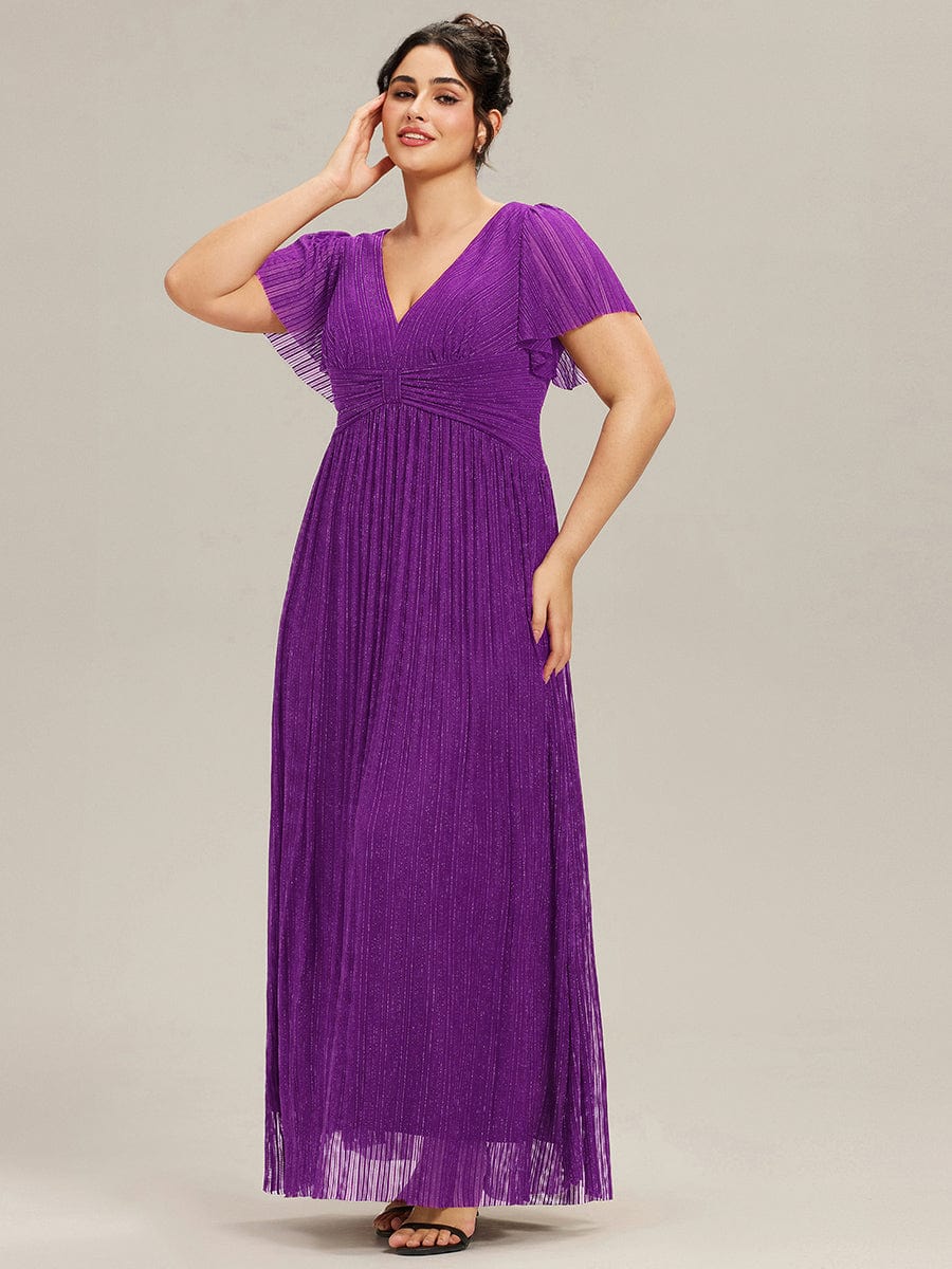 Sparkle Short Sleeves Formal Evening Dress with V-Neck #color_Sparkling Grape