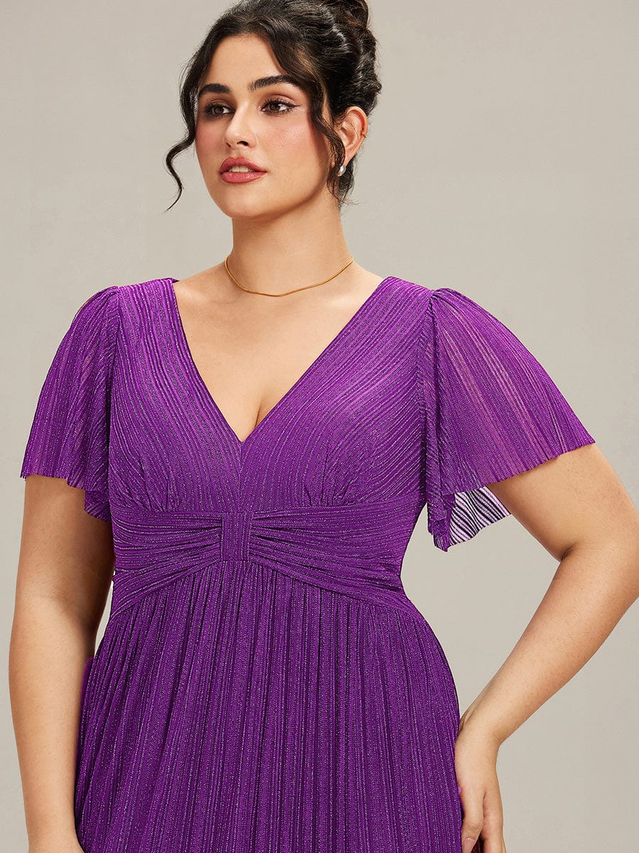 Sparkle Short Sleeves Formal Evening Dress with V-Neck #color_Sparkling Grape