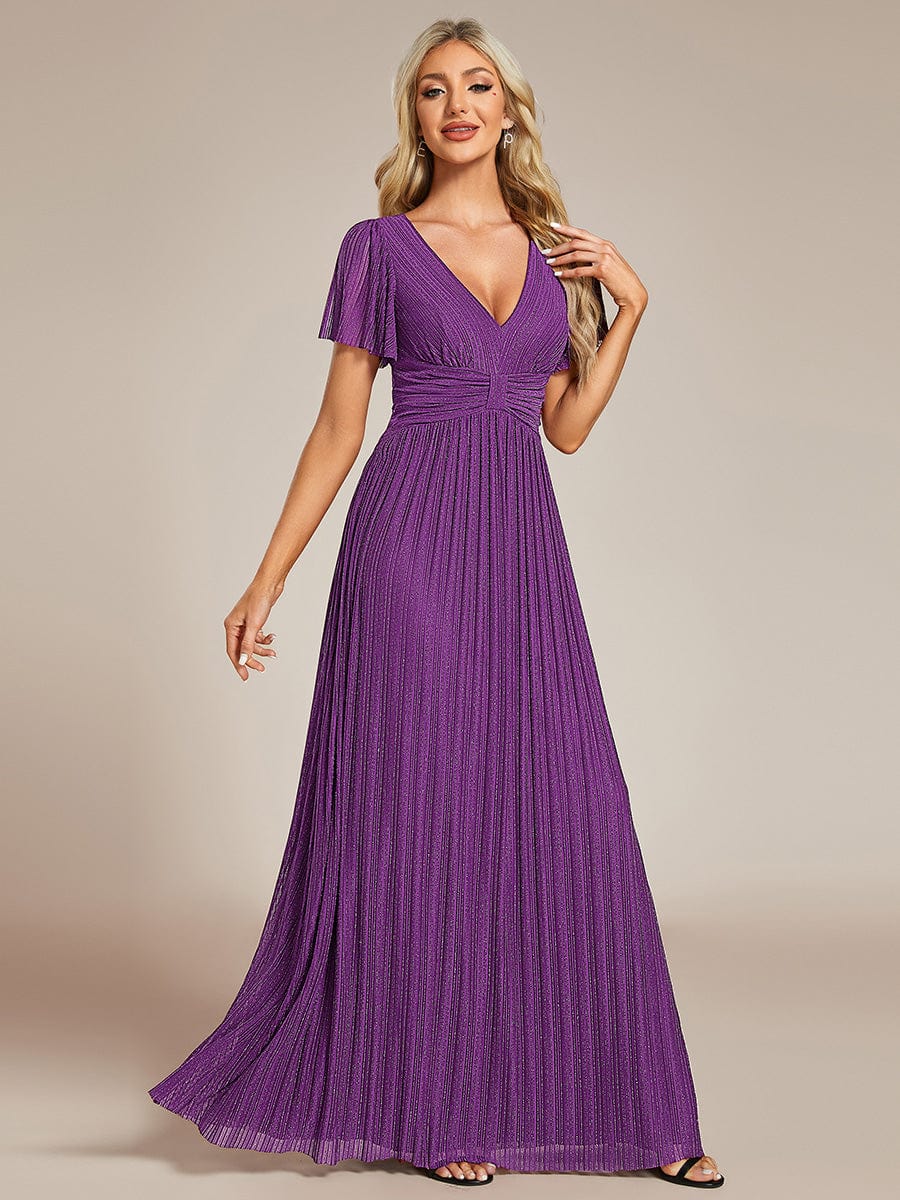 Sparkle Short Sleeves Formal Evening Dress with V-Neck #color_Sparkling Grape