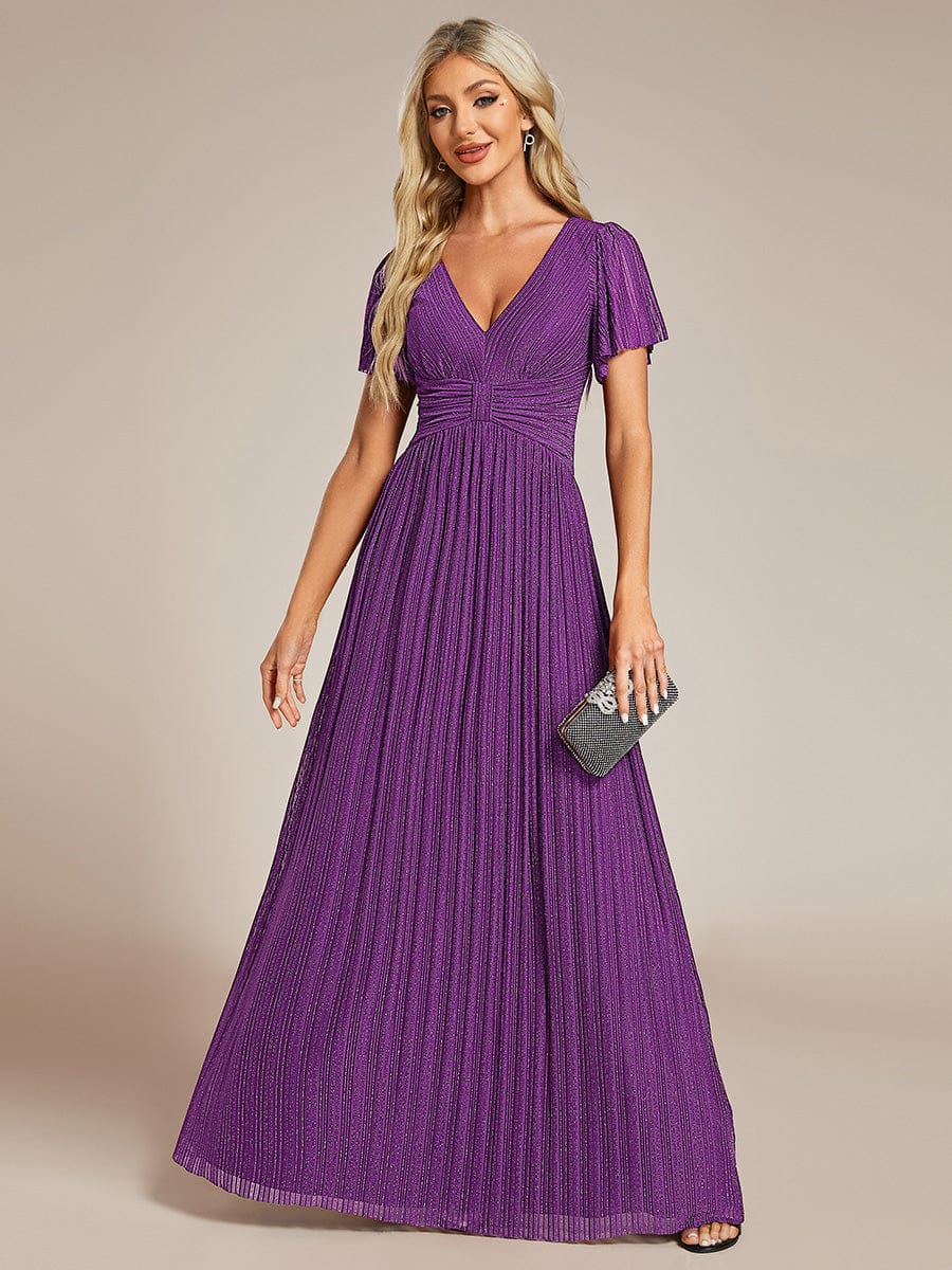 Sparkle Short Sleeves Formal Evening Dress with V-Neck #color_Sparkling Grape