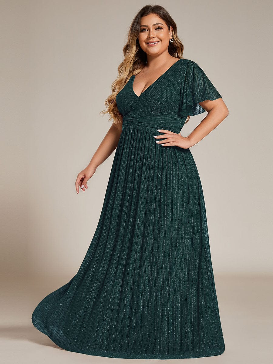 Sparkle Short Sleeves Formal Evening Dress with V-Neck #color_Teal