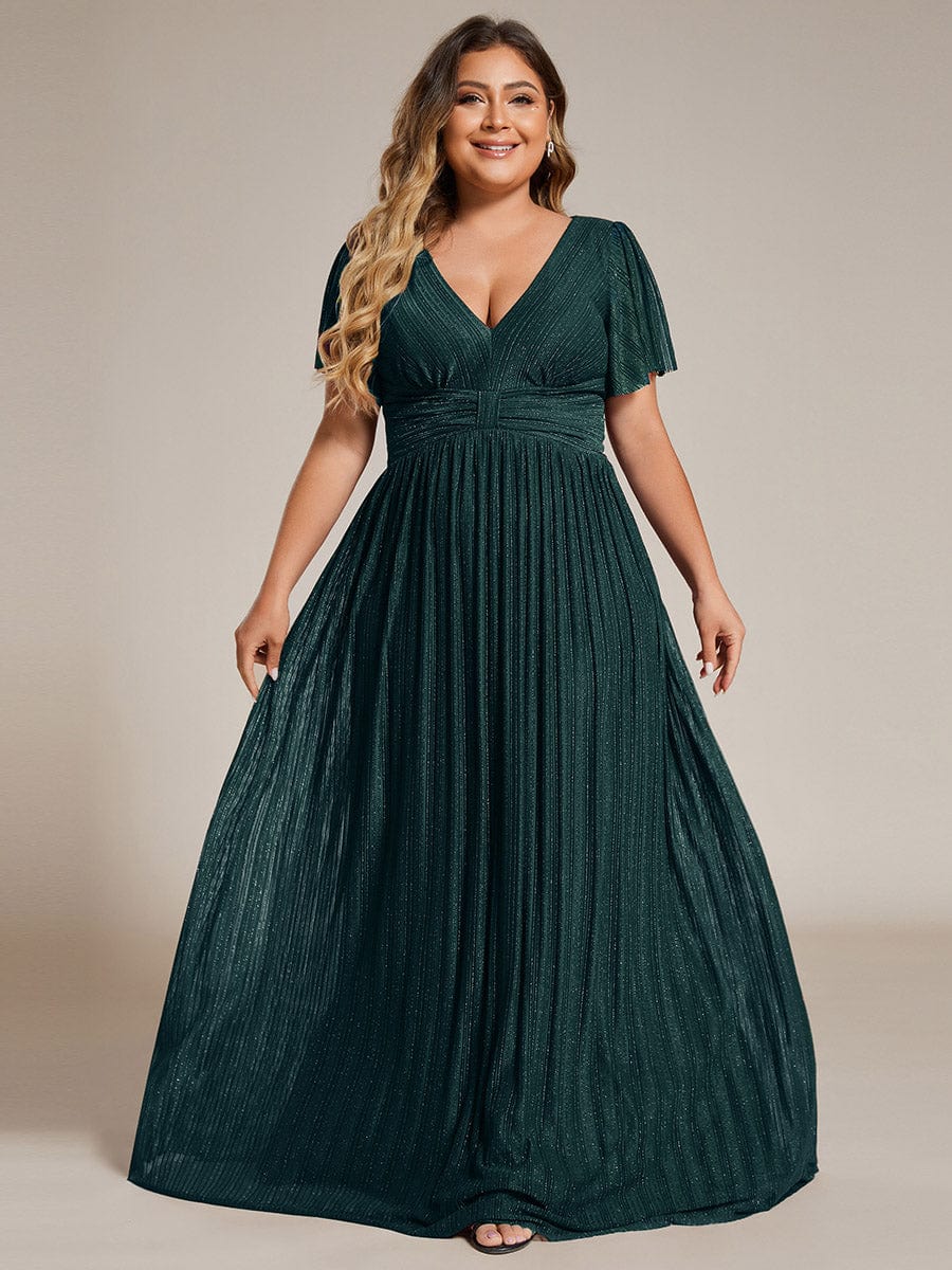 Sparkle Short Sleeves Formal Evening Dress with V-Neck #color_Teal