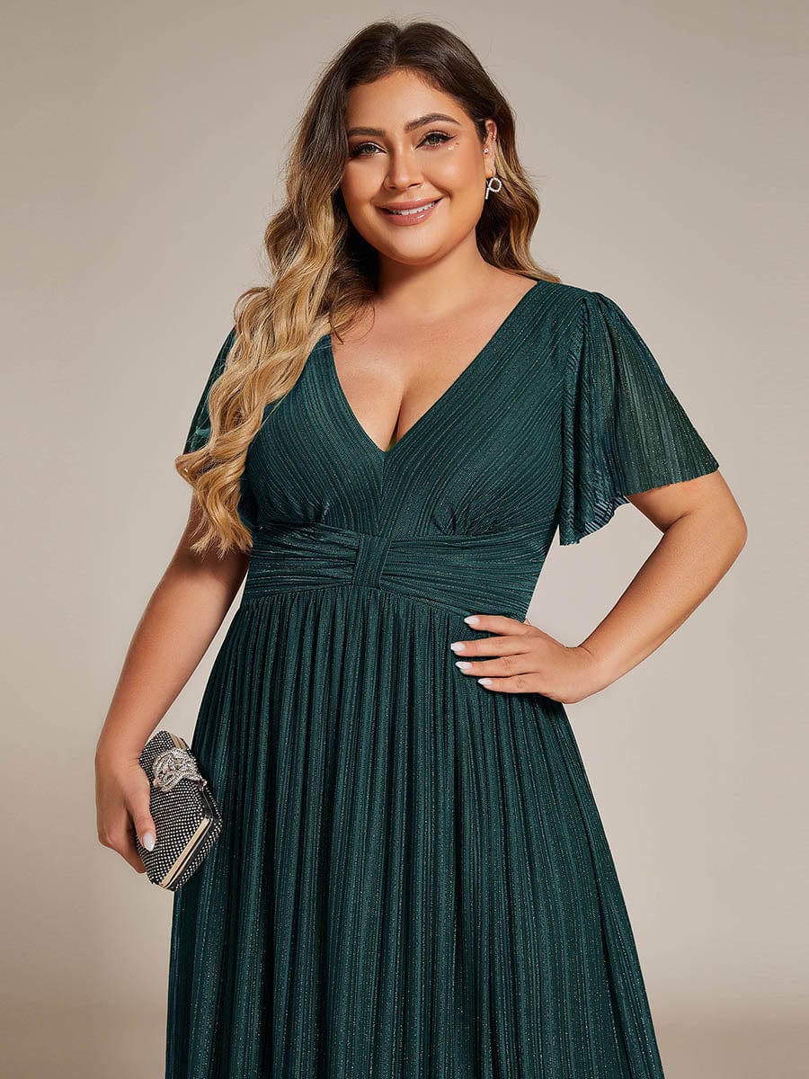 Sparkle Short Sleeves Formal Evening Dress with V-Neck #color_Teal