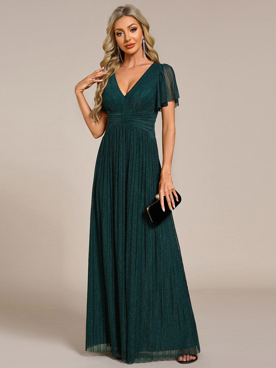 Sparkle Short Sleeves Formal Evening Dress with V-Neck #color_Teal