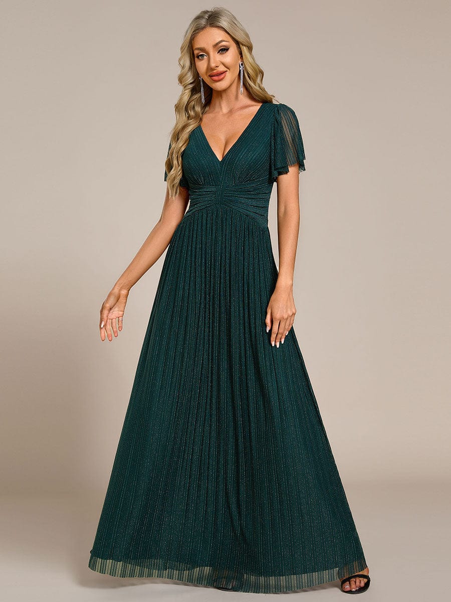 Sparkle Short Sleeves Formal Evening Dress with V-Neck #color_Teal